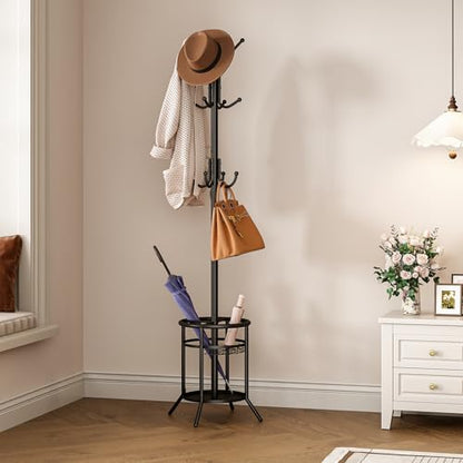 ELYKEN Coat Rack Freestanding, Metal Coat Rack with Umbrella Holder | 12 Hooks, Round Base, Heavy Duty Floor Standing Coat Tree for Entryway, Hallway, Living Room, Bedroom, Office, Black - color: Black