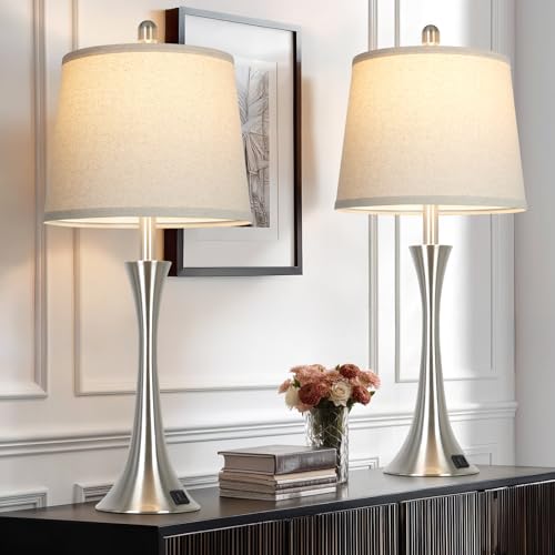 Rinweey 27.5" Silver Table Lamps Set of 2, Touch Bedside Lamps with USB C+A Ports, 3 Way Dimmable Nightstand Lamps for Bedroom, Living Room, Office, Silver Lamp with Beige Lampshade, Bulbs Included - color: Silver (2 Pack)