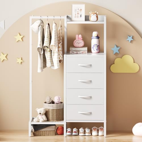 Yoobure White Dresser with Hanging Rack - Small Dresser for Bedroom with 4 Drawers, 44'H Chest of Drawers, Reversible Kids Dressers with Storage Shelf, Closet Dressers, Dorm Essentials, Sturdy Frame - color: White