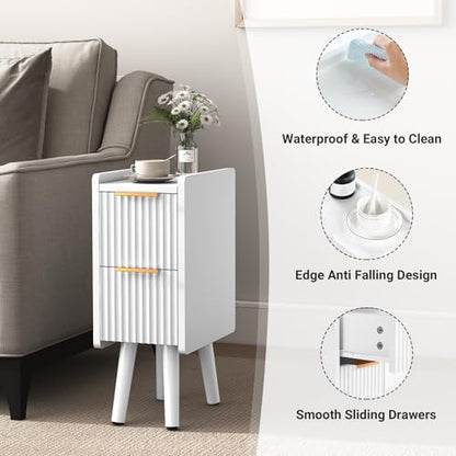 ELYKEN 7.9" Fluted Narrow Nightstand, 20.6" H Skinny Side Table, White | Compact Design for Small Spaces, 2 Drawers, Modern White Finish, Perfect as Bedside Table, End Table or Sofa Side Table - color: White-1 Pcs