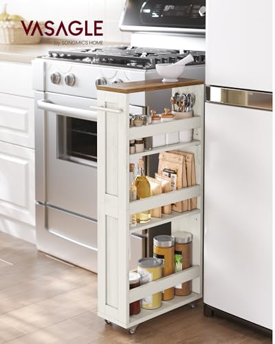 VASAGLE 4-Tier Slide-Out Storage Cart, Slim Kitchen Cart for Small Spaces, with Wheels, Handle, Bathroom, Laundry Room, 5.9 x 17 x 34.1 Inches, Rustic White and Honey Brown ULRC050K01 - color: Rustic White + Honey Brown, size: 5.9"D
