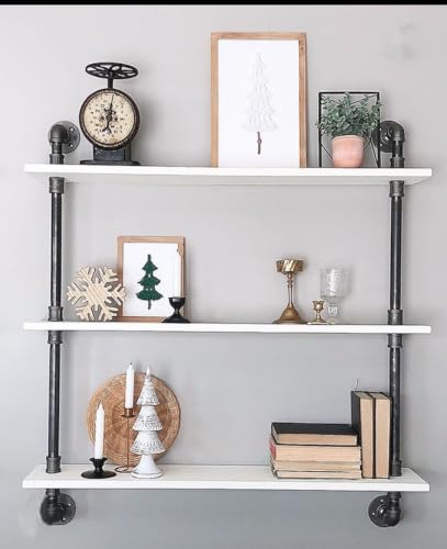 HDDFER Industrial Pipe Shelving Rustic White Pipe Wall Shelves Bathroom Shelves with Wood Planks Industrial Floating Shelves 30 Inch Farmhouse Bookshelf Pipe Shelves Wall Mounted - color: White, size: 3Tier30in