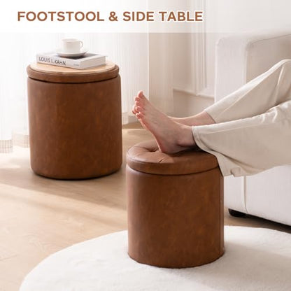 Round Ottoman with Storage Set of 2, 12.6"W x 14.17"H & 14.76"W x 17.32"H Faux Leather Button Tufted Storage Ottoman, Boucle Vanity Stool Footrest Coffee Table for Living Room, Bedroom, Brown - color: Brown