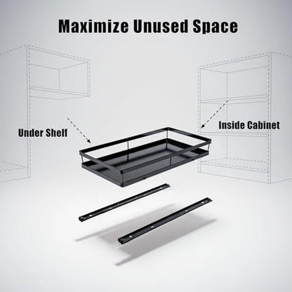 Pull Out Cabinet Organizer, 1-Tier Metal Slide Out Basket | Black metal mesh basket, smooth slide-out rail, no-drill adhesive setup, for frameless kitchen cabinets and pantry storage