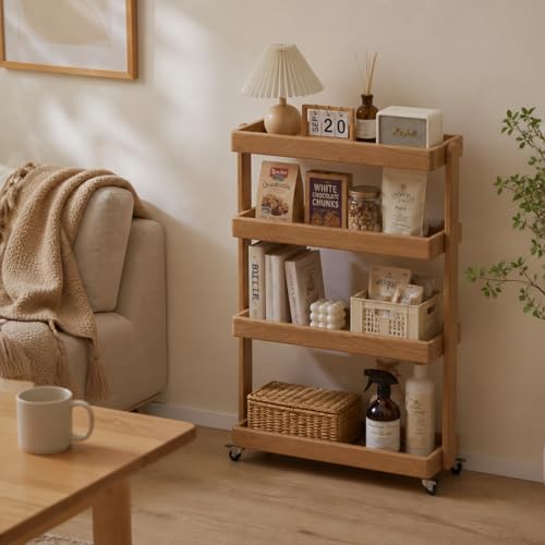 Small Narrow Side Table with Wheels, Skinny End Table for Small Spaces, 4 Tier Side Table for Living Room Bedroom(Natural, 11.81" D x 23.62" W x 31.89" H) - color: Natural, size: 11.81"D x 23.62"W