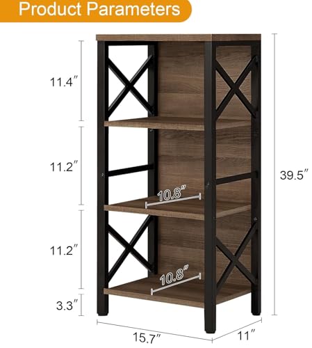 MNEETRUNG Small Bookshelf,4 Tier Industrial Bookcase with Metal Frame and Backboard,Narrow Rustic Brown Book Shelf,Book case for Small Spaces,Living Room,Bedroom and Home Office - color: Brown, size: 4-Tier (15.7"W x 11"D x 39.5"H)