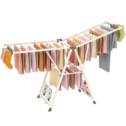 GIANTEX Clothes Drying Rack, Foldable Metal Laundry Drying Rack with Height Adjustable Wings, 16 Drying Rails, Sock Clips & Shoe Racks, Freestanding Clothing Stand for Indoor & Outdoor, Beige - color: Beige, size: 72.5"L x 39"-66"H