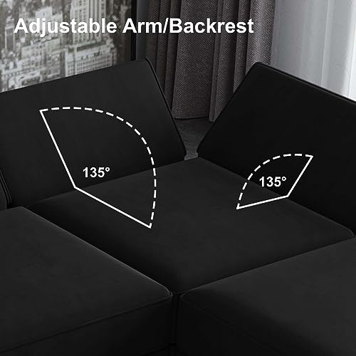 Belffin Modern L Shaped Velvet Sectional Sofa with Chaise, Black, Storage, Adjustable Arm/Backrest - color: Black, size: L Shape Sofa