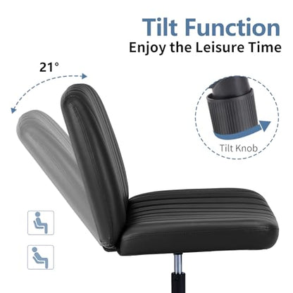 DUMOS Criss Cross Chair No Wheels, Wide Seat Cross Legged Office Desk Vanity Chair, Faux Leather Armless Height Adjustable Swivel Task Computer Chairs for Home, Study, Black PU - color: Black Pu