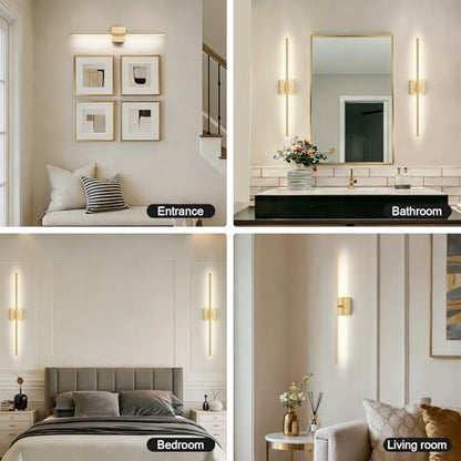 Battery Operated Wall Sconce, 3000K-6000K Dimmable Gold Wall Lights with Remote Control, Timable LED Wireless Wall Sconces, 350° Ratate for Bathroom, Living Room, Hallway 29.1 Inch 1 Pack - color: Gold, size: 29.1in(1 Pack)