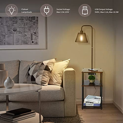 Floor Lamp with Table and Shelves, Side Table with USB Charging Port and Outlet, Modern Bedside Nightstand End Table with Lamp for Living Room, Bedroom, Guest Room, Bulb Included - color: Brown-1 Pair