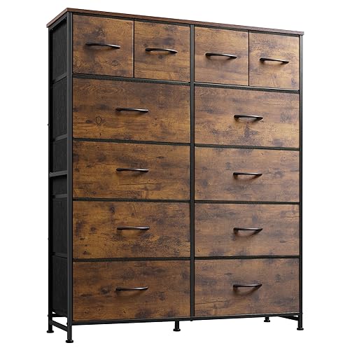 WLIVE 12 Drawer Tall Fabric Dresser Bedroom Storage Chest, Rustic Brown | 12-drawer tall fabric dresser with wood top and steel frame, P2 grade board, ideal for bedroom closet living room storage - color: Rustic Brown Wood Grain Print