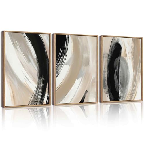 KUVIOKE Black Abstract Framed Wall Art Neutral Minimalist Graffiti Pastel Wall Decor Modern Illustration Art Painting for Bedroom Dining Room 12x16in (Natural Framed) - color: Black Abstract, size: 12 x 16in x 3 Panels Natural