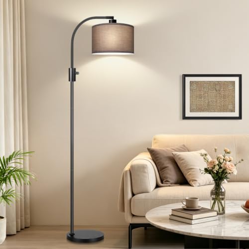 Nintiue Dimmable Black Floor Lamp, 1200 Lumens LED Edison Bulb Included, Arc Gold Floor Lamps for Living Room Modern Standing Lamp with Khaki Shade - color: Black - Khaki Linen Shade