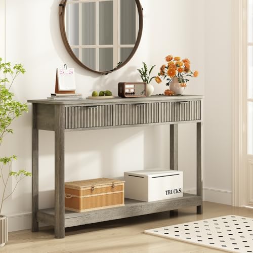 RUSTOWN Fluted Wood Console Table with 3 Drawers, 47.2" Boho Entryway Table | Narrow Behind Couch Sofa Table, Open Storage Shelf, Curved legs, 2 Tier Modern Farmhouse Hallway Table for Living Room, Foyer - color: Washed Oak