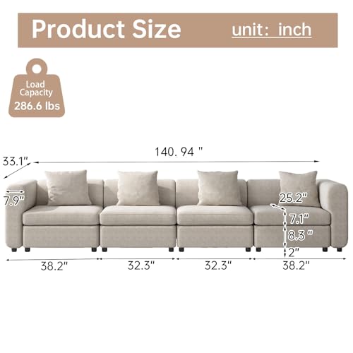 4 Seater Velvet Sectional Sofa, Modern Oversized Couch with 4 Pillows, 4 Seat Sofa Couch for Living Room, Apartment, Office, Small Space, Beige, 4 Seat (No Ottoman), 140.94" L - size: 4 Seat Sofa (No Ottoman)