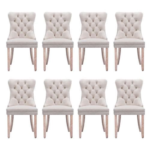 Velvet Upholstered Dining Chairs Set of 8, Modern Style Kitchen Side Chairs with Nailhead Trim and Wood Legs,Metal Pulling Ring for Dining Room Living Room(Beige) - color: Beige, size: Set of 8
