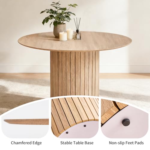 47" Round Dining Table for 4, Farmhouse Kitchen Table [Chamfered Edge Tabletop] Circle Pedestal Dinner Table, φ47.2"x29.5"H, Natural - color: Basic Natural 47