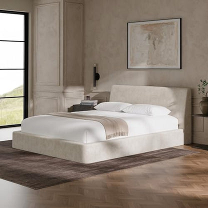 RECCI AirFrame Queen Upholstered Bed Frame with Ergonomic Angled Headboard | Ergonomic Angled Headboard, 360° Soft Foam Surround, Low Profile Cloud Bed Frame, No Box Spring Required, Easy Assembly - color: Beige Chenille, size: Queen