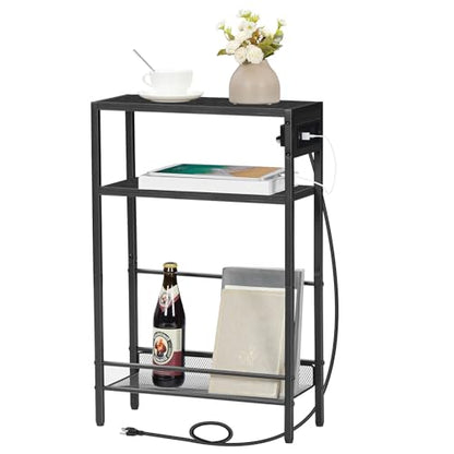 HOOBRO Small Narrow Side Table with Charging Station, Skinny End Table for Small Spaces, Slim Nightstand with USB Ports Outlet, Sofa Beside Table with Storage Shelf, Black BB102UBZ01 - color: Black
