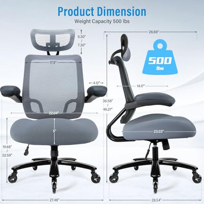 500lbs Big and Tall Office Chair - Heavy Duty Mesh Ergonomic Desk Chair with Headrest, High Back Computer Chair - Flip-up Armrests, Wide Thick Seat Cushion, Quiet Wheels, Grey - color: Grey With Headrest