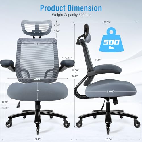 500lbs Big and Tall Office Chair - Heavy Duty Mesh Ergonomic Desk Chair with Headrest, High Back Computer Chair - Flip-up Armrests, Wide Thick Seat Cushion, Quiet Wheels, Grey - color: Grey With Headrest
