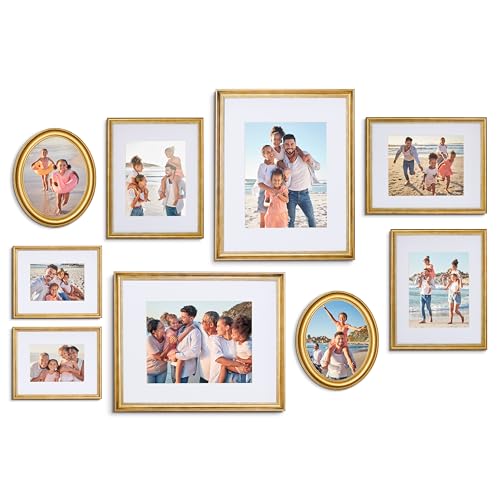 Mixed Gallery Wall Frame Set, (2) 16x20 Inch, (1) 11x14 Inch, and (2) 8x10 Inch, 9 Piece, Brass - color: Brass