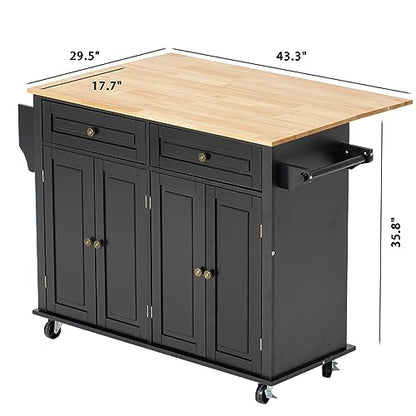 51 Kitchen Island Cart with Drop Leaf Breakfast Bar, Rolling Mobile Kitchen Island Table on Wheels with Storage Cabinet, Drawer, Spice/Towel Rack, Black - size: 51.2 Inch