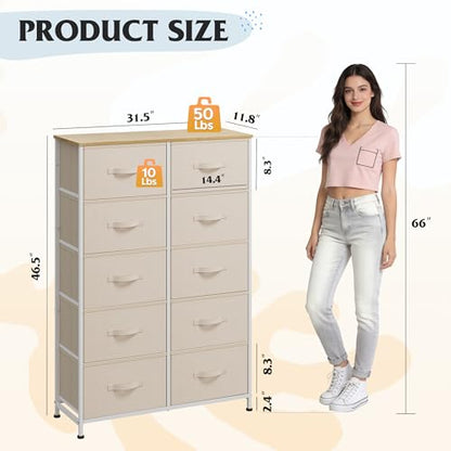 WLIVE Tall Dresser for Bedroom with 10 Fabric Drawers, Cream White | 10 Drawers, Fabric Dresser for Closet, Storage Tower with Cabinet, Metal Frame - color: Cream White