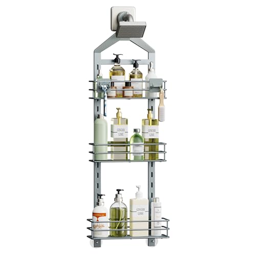 Orimade Adjustable Anti-slip Shower Caddy Overhead, Rustproof Hanging Shower Organizer With 2 Razor Hooks - No Drilling, 3-Tier Shelves, Silver Grey - color: Silver Grey