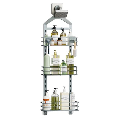 Orimade Adjustable Anti-slip Shower Caddy Overhead, Rustproof Hanging Shower Organizer With 2 Razor Hooks - No Drilling, 3-Tier Shelves, Silver Grey - color: Silver Grey