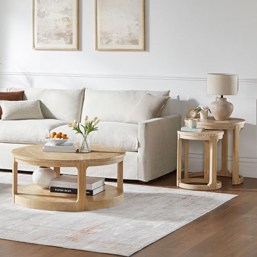 24" Round Nesting Coffee Table Set of 2, Solid Wood Coffee Tables Mid Century Rustic Farmhouse Side End Tea Table for Living Room, Apartment (Oak) - color: 24" Oak