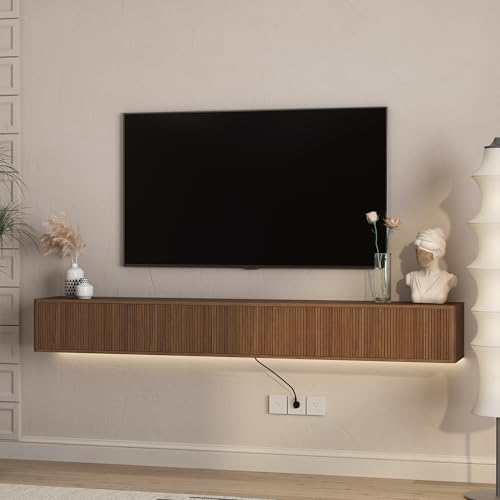 KEIKI 78.7" Floating TV Stand Wall Mounted with 16 Color LEDs & Power Outlets for TVs Up to 70 Inch, Wooden Media Console Entertainment Center Television Table Cabinet for Living Room, Bedroom