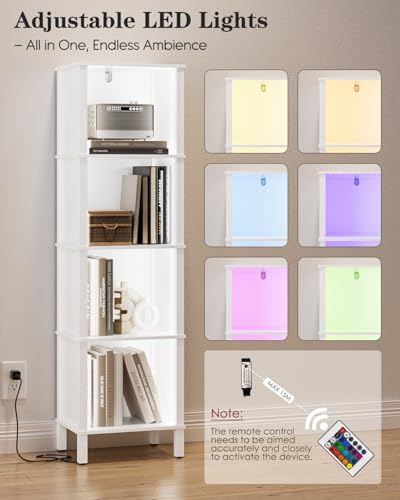 Bookshelf with LED Lights, Modern 4-Tier Bookcase, Open Storage Book Shelf, 11 × 14.2 × 50.4 Inches, Small Narrow Bookshelves for Living Room, Home Office, Bedroom, White - color: White