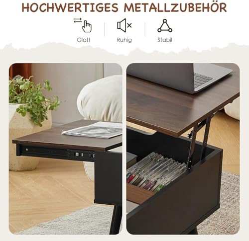Lift Top Coffee Table with Storage for Living Room, Walnut Black | Large Hidden Compartments, Lifting Top, Slide Desktop, Modern Wooden Coffee Tables, for Home Office