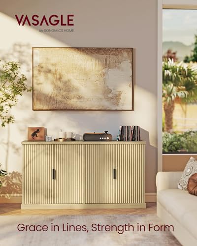 VASAGLE MAXE Collection - Buffet Cabinet, Fluted Console Cabinet, Sideboard with Adjustable Shelves, Mid Century Modern Buffet Table, 15.8 x 58.3 x 31.5 Inches, Oak Beige UBBK382Y01S - color: Oak Beige, size: 58.3"W, style: 1 Pack