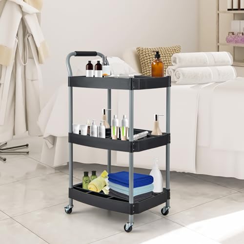 3 Tier Rolling Utility Cart with Compartment & Universal Wheels | 3 Shelf Rolling Storage Cart, Plastic Tool Cart Organizer for Garage, Office, Home, Warehouse, Repair Shop