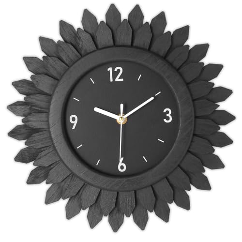 Wall Clock Battery Operated 12 Inch Rustic Wooden Boho Sunburst Decorative Wall Clock Silent Non-Ticking Black Wall Decor Clocks for Living Room Kitchen Bathroom Bedroom (Black) - color: Black, size: 12 Inch