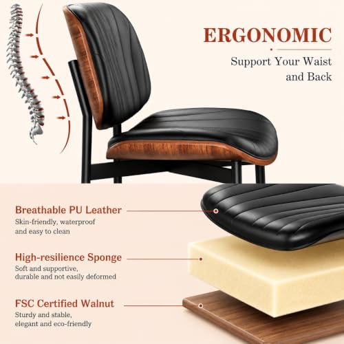 Dining Chairs Set of 2, Mid-Century Modern Upholstered PU Leather Chairs | with Walnut Bentwood Back and Metal Legs Adjustable Feet for Kitchen, Black Shell Strips - color: Black Shell Strips