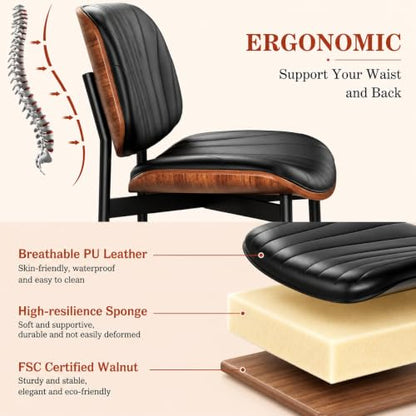 Dining Chairs Set of 2, Mid-Century Modern Upholstered PU Leather Chairs | with Walnut Bentwood Back and Metal Legs Adjustable Feet for Kitchen, Black Shell Strips - color: Black Shell Strips