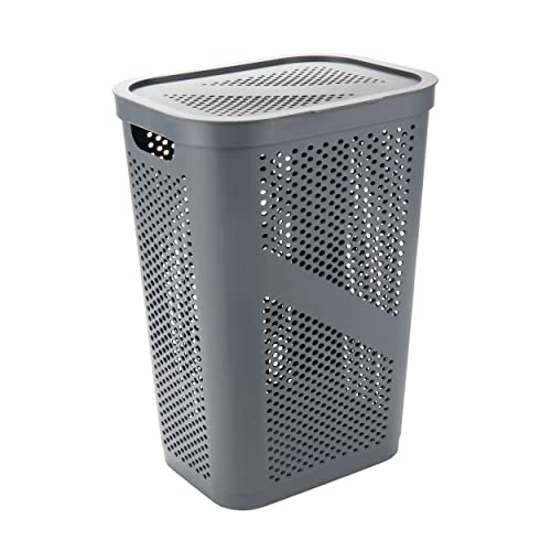 Mind Reader Slim Laundry Hamper with Lid, 60L Clothes Basket, Ventilated Plastic, Gray - color: Gray, size: Single