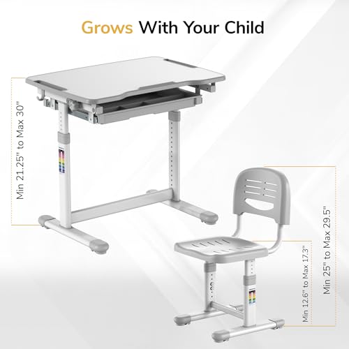 Mount-It! Kids Desk and Chair Set Height Adjustable up to 30" Ergonomic for School - Table and Chairs for Student 26" x 18" Tabletop with Pencil Drawer, 3-10 Age Children, Grey - color: Grey
