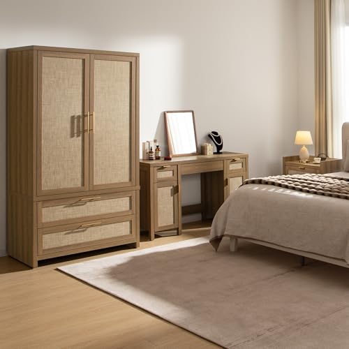 SICOTAS Rattan Armoire Wardrobe Closet : 71 inch Wardrobe with Drawers | Farmhouse Boho Storage Cabinet with Hanging Rod, Large-Capacity Deep Armoire Clothes Organizer for Bedroom, Cloak Room