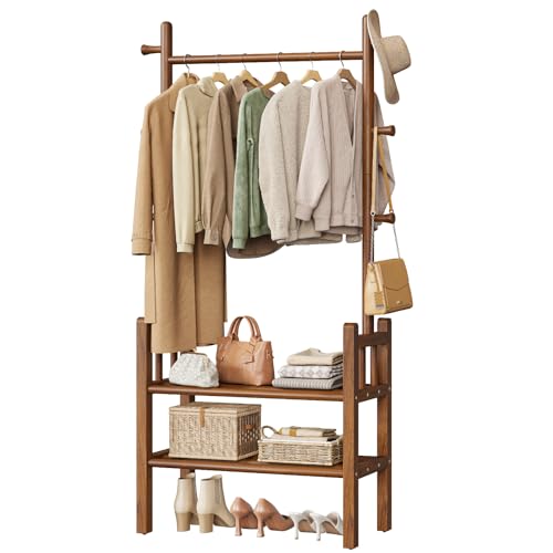 Yoobure Solid Wood Clothing Rack with Shelves - Coat Rack Freestanding with 6 Hooks, 3-in-1 Hall Tree for Hanging Clothes, Tall Garment Racks with Storage for Bedroom, Entryway, Living Room, Closet - color: Walnut