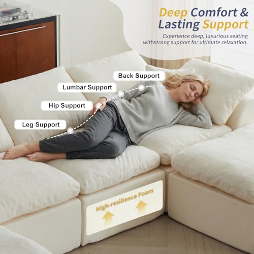 Cloud Couch Sectional for Living Room, Modular L Shaped Boneless Sofa with Chaise, Compressed No Assembly Couch, Deep Seat Chenille Upholstered Convertible Sofa Bed (Beige) (139″‌ U-Shaped White) - color: White