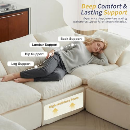 Cloud Couch Sectional for Living Room, Modular L Shaped Boneless Sofa with Chaise, Compressed No Assembly Couch, Deep Seat Chenille Upholstered Convertible Sofa Bed (Beige) (139″‌ U-Shaped White) - color: White