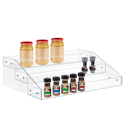 PMMASTO Widen Tiered Spice Rack, Seasoning Organizer, Clear Acrylic Vertical Shelves Can Organizer for Countertop, Cabinet, Pantry, Kitchen Organization and Storage - 3 Tier - size: Widen 3 Tier - inner width 3''