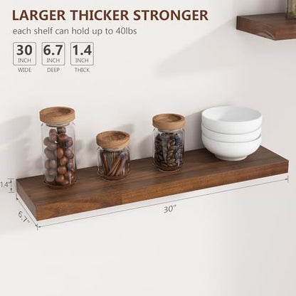 fuqing 30 Inch Floating Shelves 6.7'' Deep Dark Wood Wall Shelves Set of 2 | 30'' x 6.7'' x 1.4'' Rustic Wood Shelves for Bathroom, Living Room, 40LBS, Lightweight, Hardware Included, Waterproof Finish - color: Walnut, size: 30 Inch