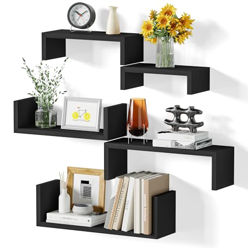 SRIWATANA Black Floating Shelves, Set of 5 Solid Wood Wall Mounted Shelves | Space-Saving 5-Pack Wall Shelves for Industrial Home Decor; Perfect to Display Collectibles or Organize Office Supplies - color: Weathered Black