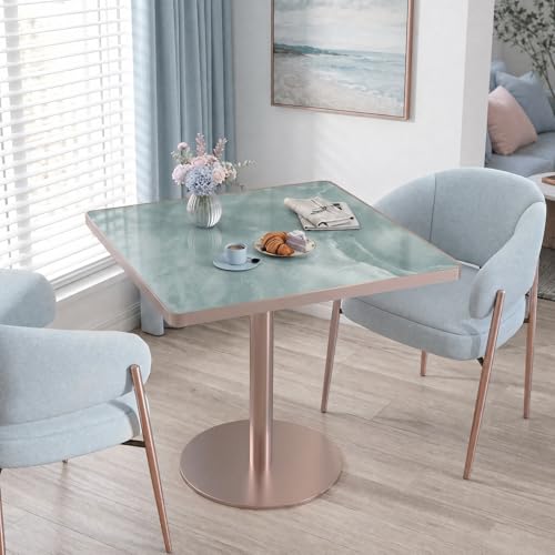 31.5'' Tulip Table, Square Dining Table with Glossy Sintered Stone Tabletop | Rose Gold Aluminum Alloy Edge & Pedestal, Small Bistro Table for Dining Room/Café/Small Spaces/Restaurant (Aqua Jade) - color: Aqua Jade (Rose Gold), size: Square